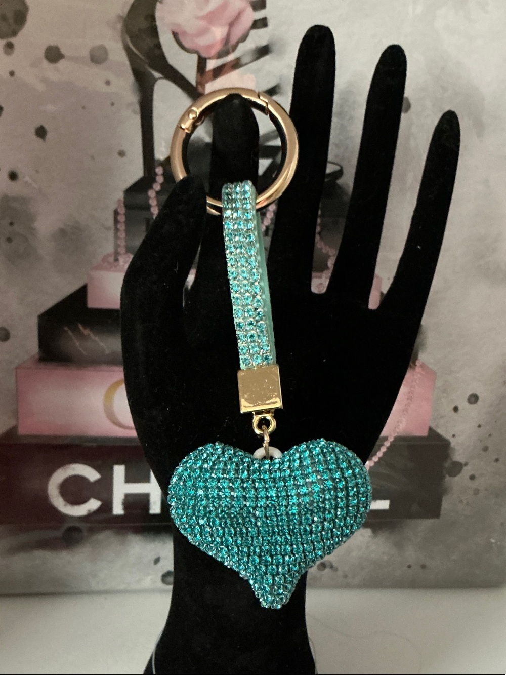 CHANEL Turquoise Crystal Heart Keyring with Gold Hardware